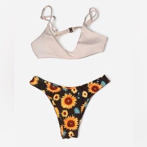 Two-Piece Bikini Set - Cream Top & Sunflower Print Bottom